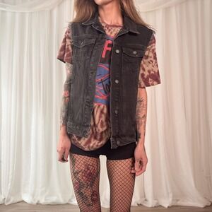 Black Denim Vest Y2K Grunge Button Up Vest Sleeveless Jacket Nasty Gal Size 2